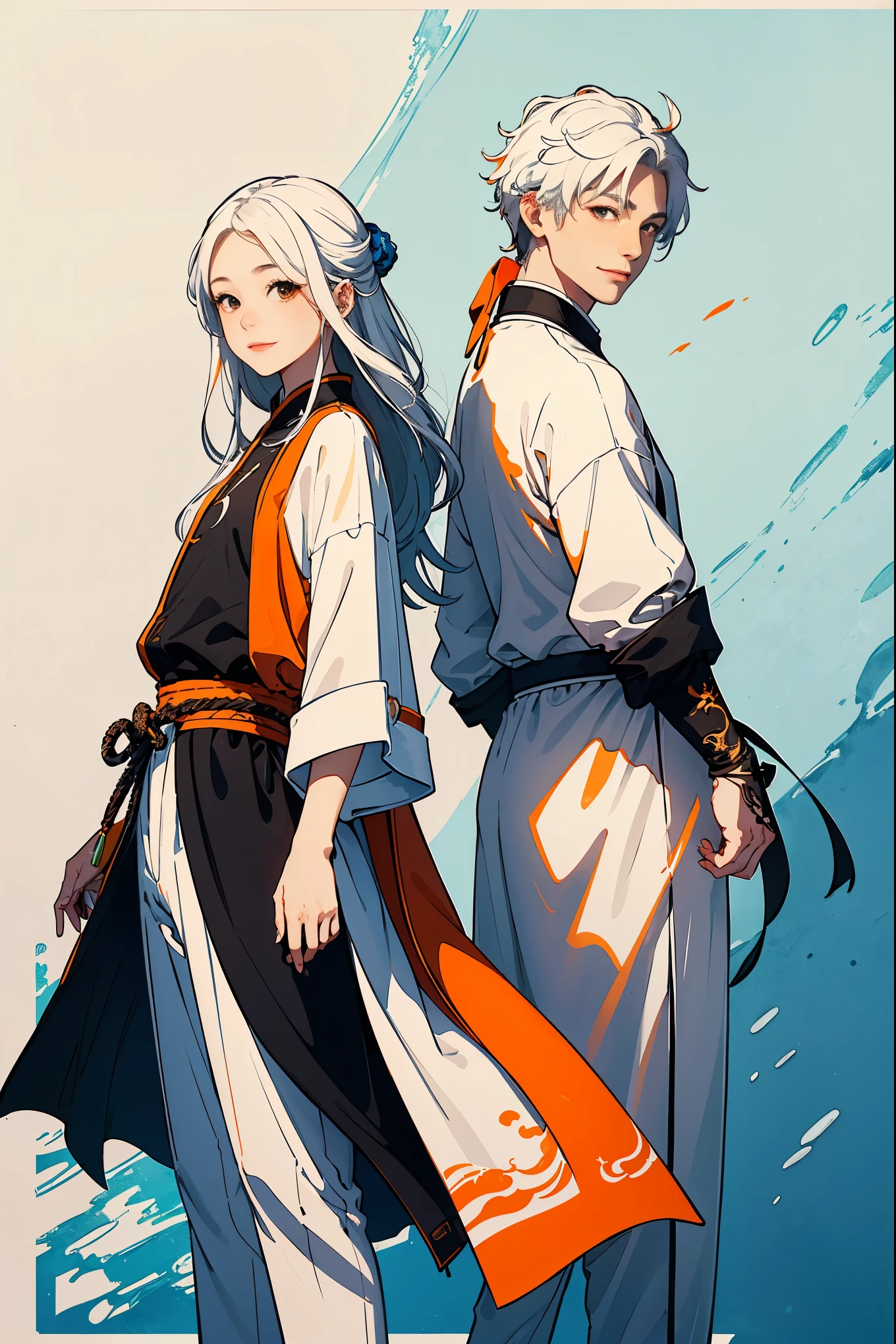 high quality , one white hair girl and one white hair boy, long hair, wuxia character, ((white clothes with blue and orange accent)), ink painting background, flat background, minimalist background, chinese wind pattern background, smiling, standing back to back