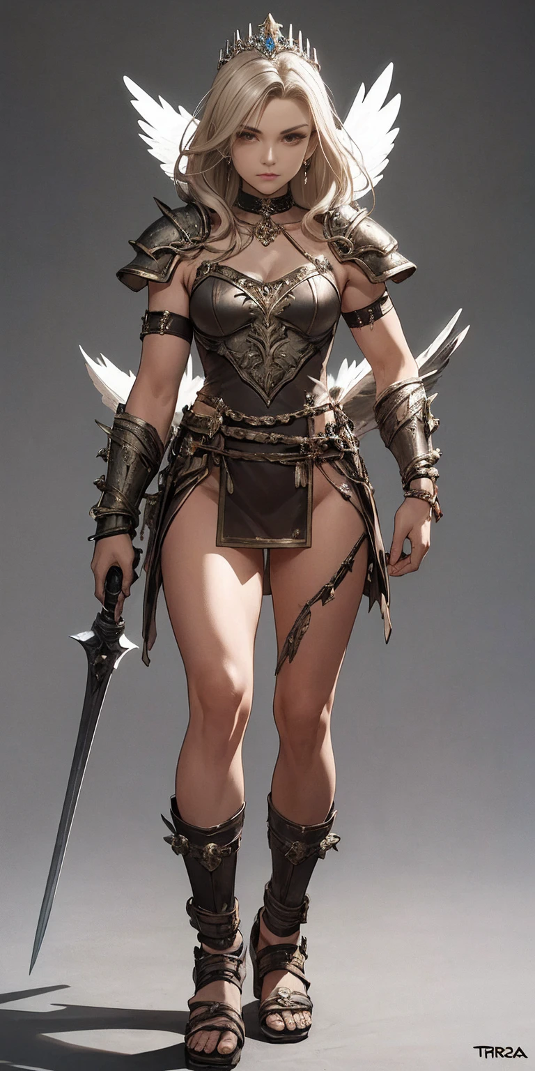 Subject: 1 Solo Female Gladiator Pose: Full body, whole body Standing tall, hands on hips (conveying confidence) Feet together, conveying a strong stance View from slightly below, emphasizing her power Clothing and Armor: Loincloth (detailed and well-crafted, showcasing her warrior status) Metal sandals, sturdy and battle-worn Leather choker, adorned with a gladiator emblem or small spikes (optional) Big belt, holding additional weapons or pouches (optional) Bracers on forearms, for protection Jewelry: Tiara (can be simple and battle-ready, or adorned with feathers or gladiator symbols) Additional Details: Strong, defined muscles Determined expression on her face Optional: scars or other battle marks that tell a story of her victories