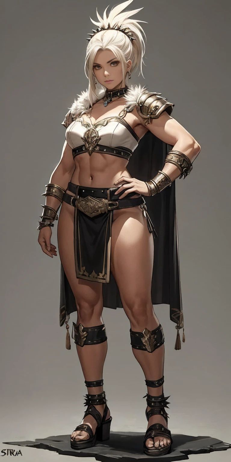Subject: 1 Solo Female Gladiator Pose: Full body, whole body Standing tall, hands on hips (conveying confidence) Feet together, conveying a strong stance View from slightly below, emphasizing her power Clothing and Armor: Loincloth (detailed and well-crafted, showcasing her warrior status) Metal sandals, sturdy and battle-worn Leather choker, adorned with a gladiator emblem or small spikes (optional) Big belt, holding additional weapons or pouches (optional) Bracers on forearms, for protection Jewelry: Tiara (can be simple and battle-ready, or adorned with feathers or gladiator symbols) Additional Details: Strong, defined muscles Determined expression on her face Optional: scars or other battle marks that tell a story of her victories