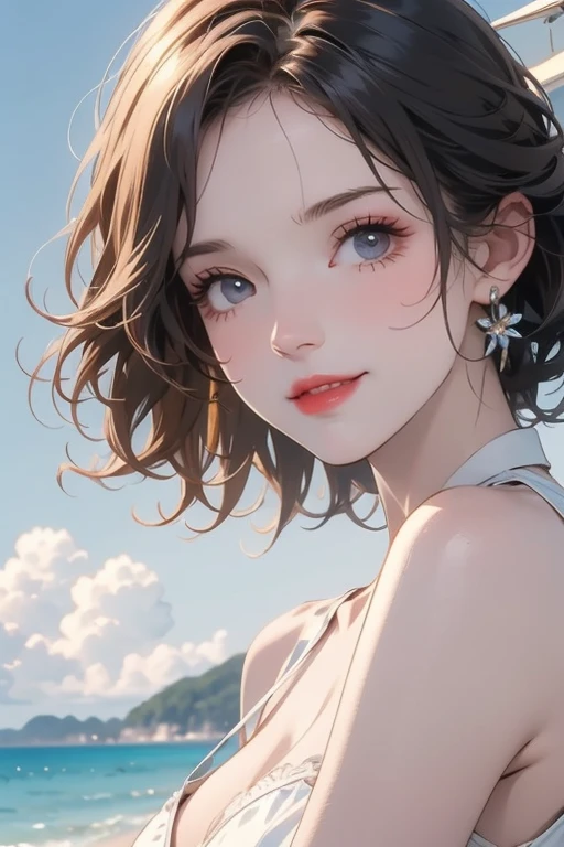 (Highest quality、masterpiece、High resolution、8K)、Vibrant colors、Young and beautiful woman 1、whole body、(Detailed face、Beautiful Eyes、Beautiful nose、Pretty lips)、Black and brown short bob、White tank top and shorts、barefoot、Jump High、Ride along the sandy beach、Surprised Smile、Official Art、The background is the sea、blue sky、Wide sandy beach、Wide forest、White waves and sandy beach、White Entrance Cloud、