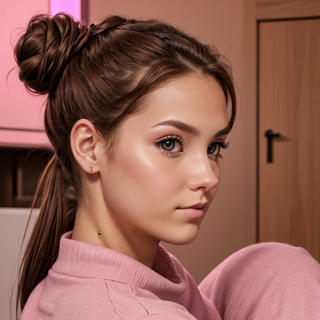 Youngh, 23 year old, pink eyes, Light brown bun hair, profile pic, serious