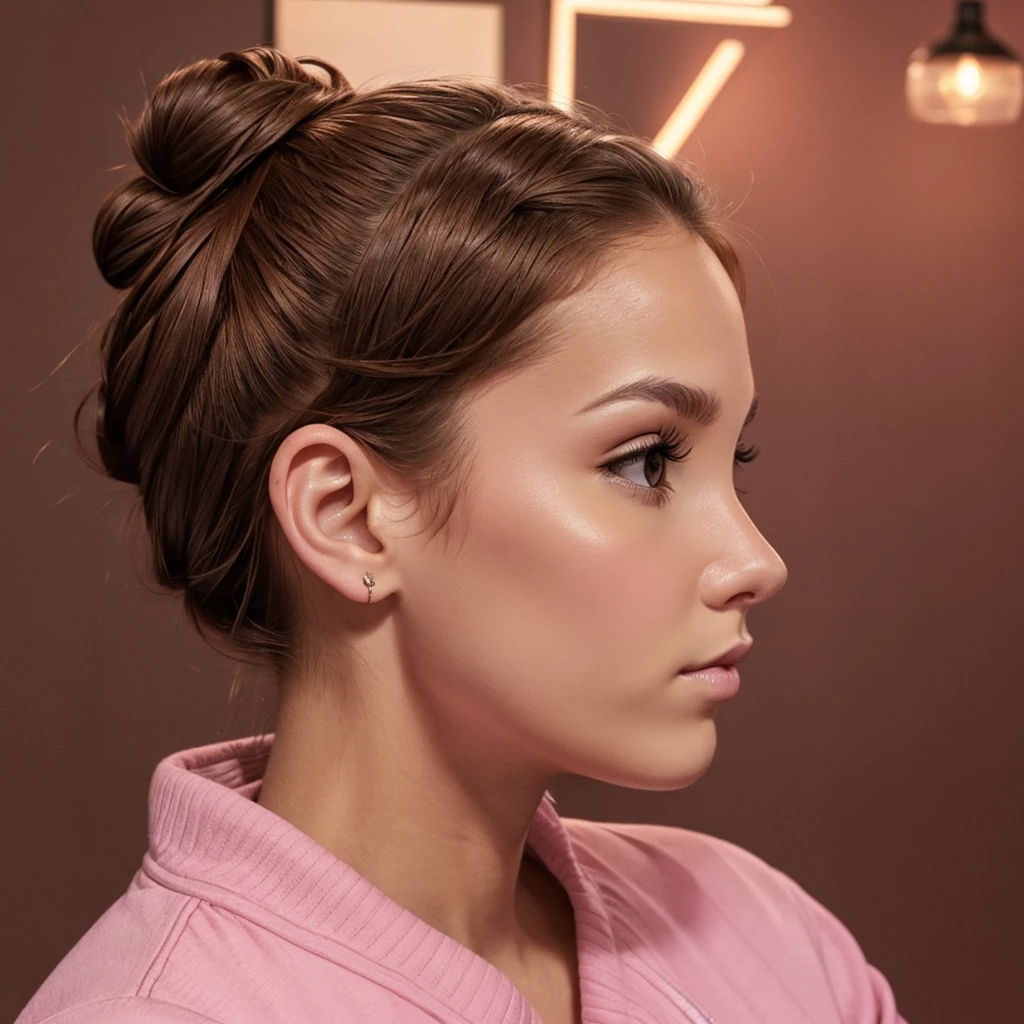 Youngh, 23 year old, pink eyes, Light brown bun hair, profile pic, serious