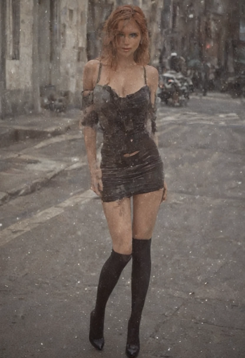 ultra realistic, photography, red haired girl, 20 years old, hourglass figure, perfect body, long legs, black short dress, skin-tight, small breasts, thigh-high socks, high heels, city sidewalk background, hard nipples, walking,