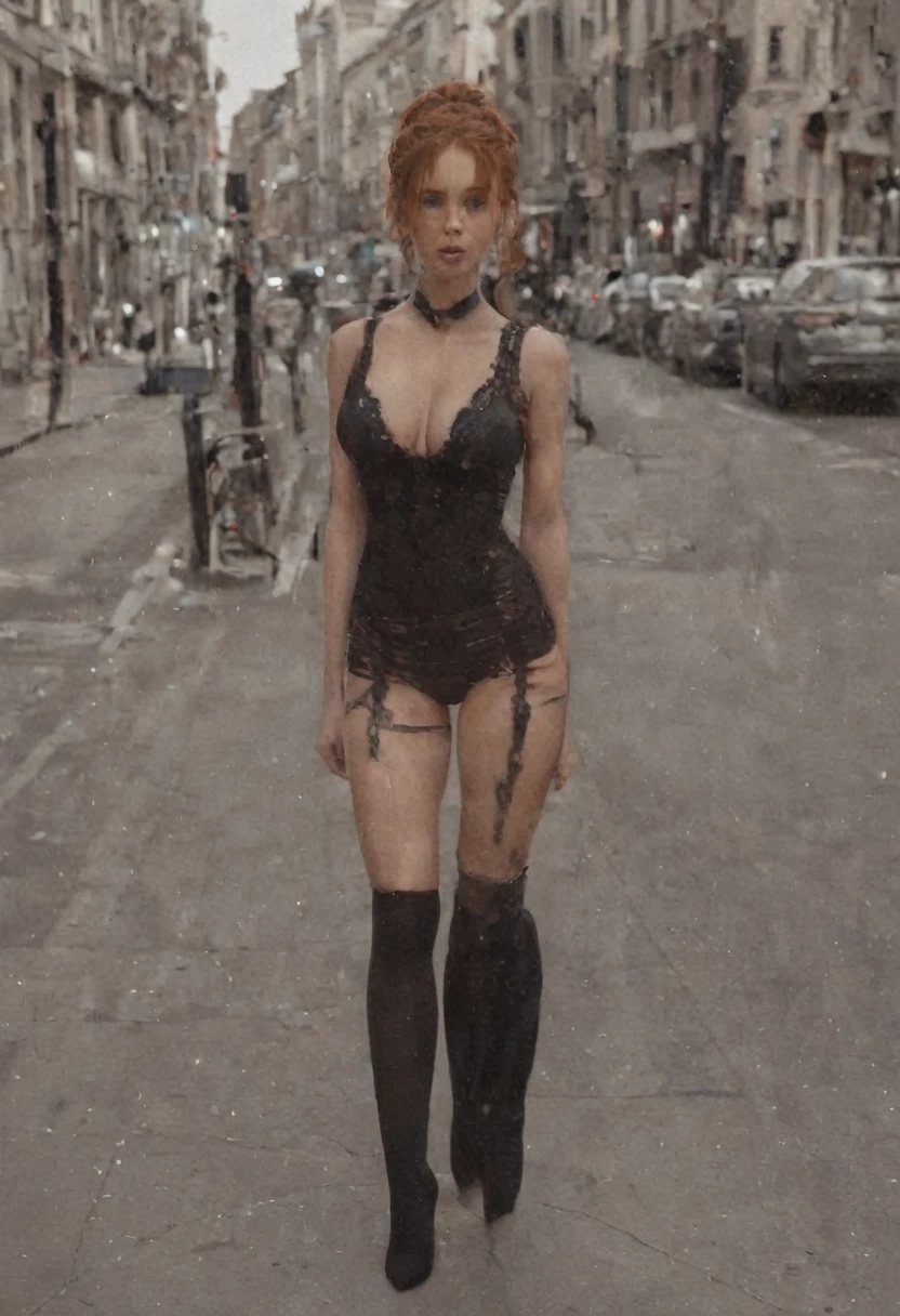 ultra realistic, photography, red haired girl, 20 years old, hourglass figure, perfect body, long legs, black short dress, skin-tight, small breasts, thigh-high socks, high heels, city sidewalk background, hard nipples, walking,