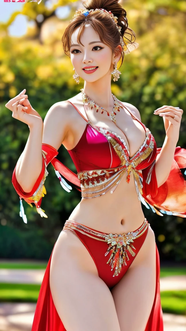 (Highest Quality, Detailed, Masterpiece, Official Art, 4K), (NSFW), Masterpiece, Highest Quality, Best Quality, (Very Colorful), (Realism: 1.2), (Photorealistic: 1.2), (Sharp focus), One woman, (Accurate anatomy), (Beautiful woman), Seductive gypsy girl, dancing sexy dance, (Long flowing translucent robe), (Sexy costume), Cowboy shot, Slim figure, Sexy, Alluring, Erotic, Amazingly beautiful face, Big even eyes, Perfect makeup, (Bright smile), Tall ponytail, Well-balanced body type with 7 heads, Small head, Perfect proportions, Beautiful curves of a mature woman, Beautiful ample breasts, Teardrop-shaped breasts, Thin waist, Navel, Wide hips, Sexy thighs, (Graceful dance pose: 1.3), (Changing poses: 1.3), (Dynamic angles that create a sense of speed and power in the dance: 1.3), Hair ornament, Necklace, Earrings, Chest ornament, Ring, Flashy ornament, Old Western castle in the background, Shallow depth of field, Perspective,