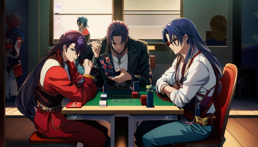 Anime characters sitting at tables playing Card games, ; Visual novel, Card game illustration, Lawther is sitting at the table playing dnd, 80s anime art style, Bad guy anime 8k, Visual novel, Visual novels CG, Card game, Visual novel key visual, Anime style4 K, Anime style, Snick, Digital Anime Illustration,