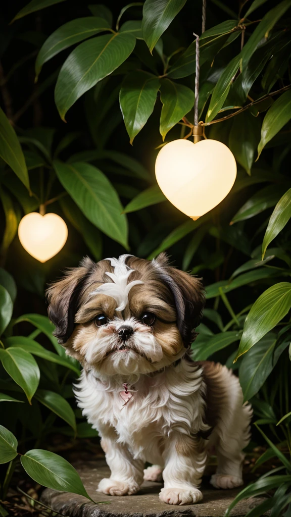 Shih Tzu in a jungle with soft lighting and subtle heart-shaped foliage.