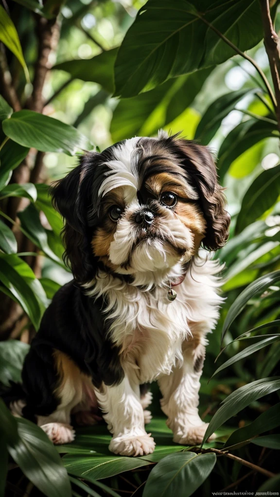 Shih Tzu in a jungle with soft lighting and subtle heart-shaped foliage.