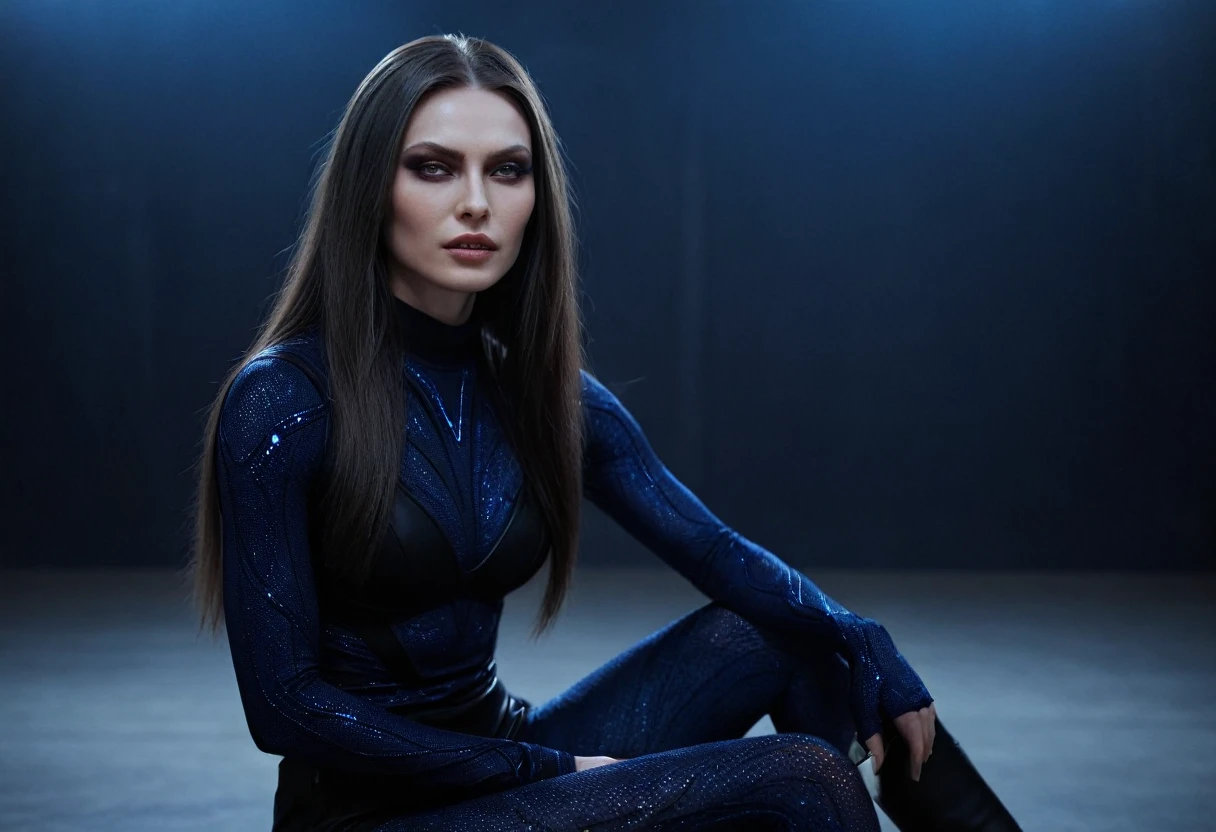 Fashionable of androgynous alien looking witch, glowing eyes, beautiful evil slavic muscular woman, pale skin, long hair, futuristic design, minimal details, givenchy, photoreal, 200mm, hd, f/ 2.0, highly detailed, surreal, sitting, light smile, simple black stylish clothes, a slight smiledrop dead, in the style of red and blue, (intricate details, hyperdetailed:1.15) (skin texture:1.2), cinematic, professional, 4k, (((dynamic model pose))), sitting, full body, mesmerizing, dynamic, dramatic, dynamic pose, highly detailed skin with hair, subcutaneous veins, light and shadow play, highly detailed,24mm photograph, bokeh, professional, 4k,