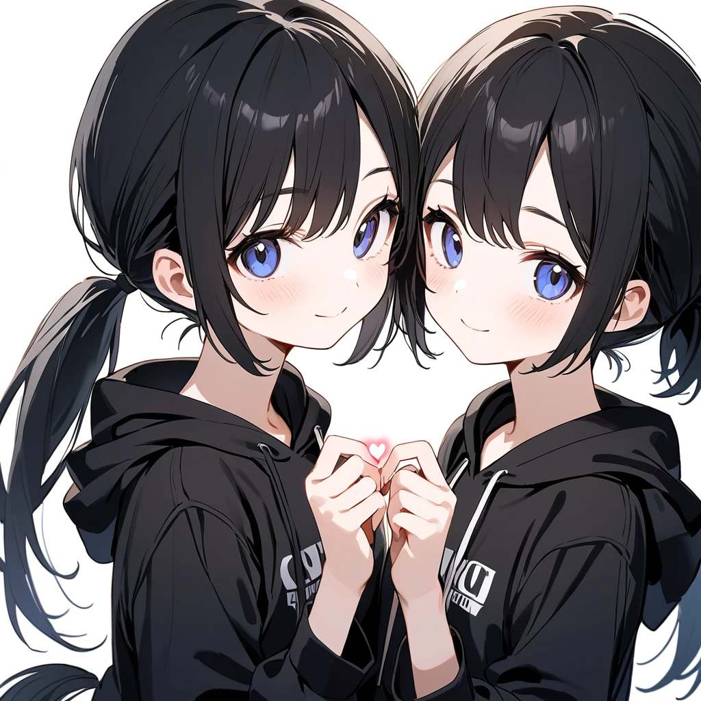 best quality, beautiful, smile, a girl, twins ,two girls,(one girl is black hair, (((low short pony tail hair))) ,black hoodie),(The other girl is black hair,pony tail,black hoodie), making a heart with hands, looking at viewer, looking to the side, eyes open, pale skin, 10-year-old, white background
