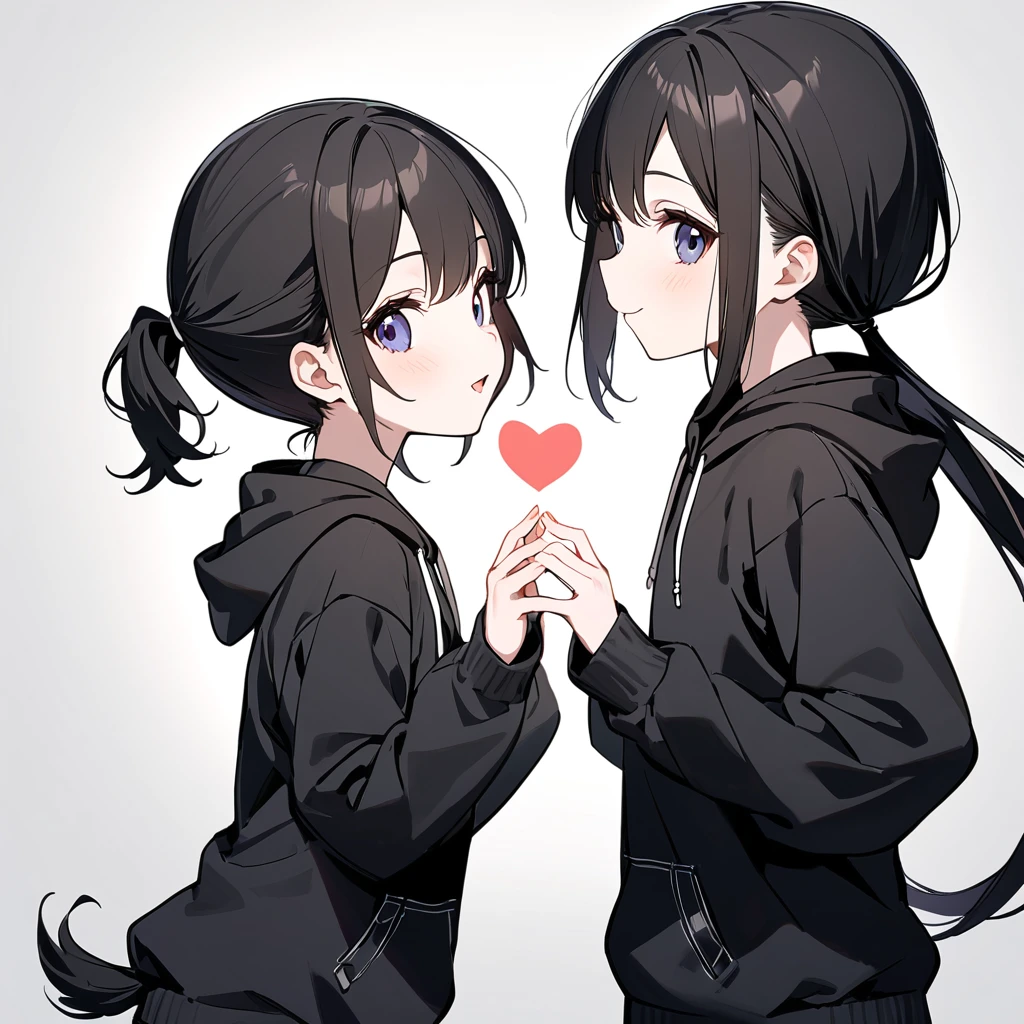 best quality, beautiful, smile, a girl, twins ,two girls,(one girl is black hair, (((low short pony tail hair))) ,black hoodie),(The other girl is black hair,pony tail,black hoodie), making a heart with hands, looking at viewer, looking to the side, eyes open, pale skin, 10-year-old, white background