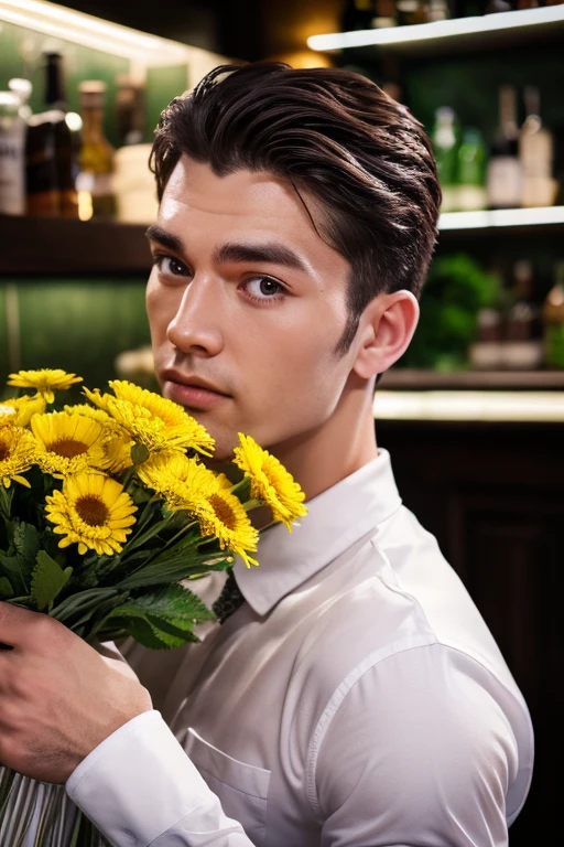 (best quality,4k,8k,highres,masterpiece,),ultra-detailed,(realistic,photorealistic,photo-realistic:1:1), Man hold the flowers bunches on hand, long lashes eyes, white boxer, standing beside the counter bar, in the night clubs,
