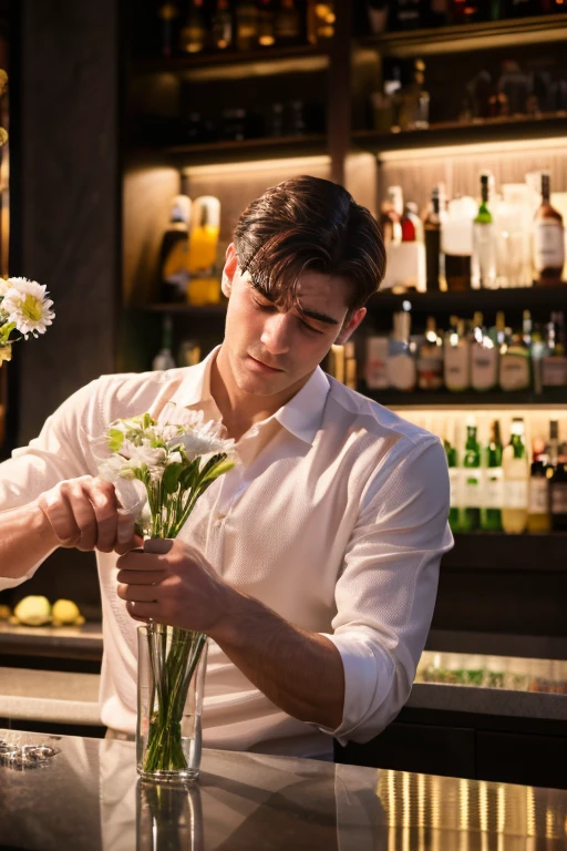 (best quality,4k,8k,highres,masterpiece,),ultra-detailed,(realistic,photorealistic,photo-realistic:1:1), Man hold the flowers bunches on hand, long lashes eyes, white boxer, standing beside the counter bar, in the night clubs,