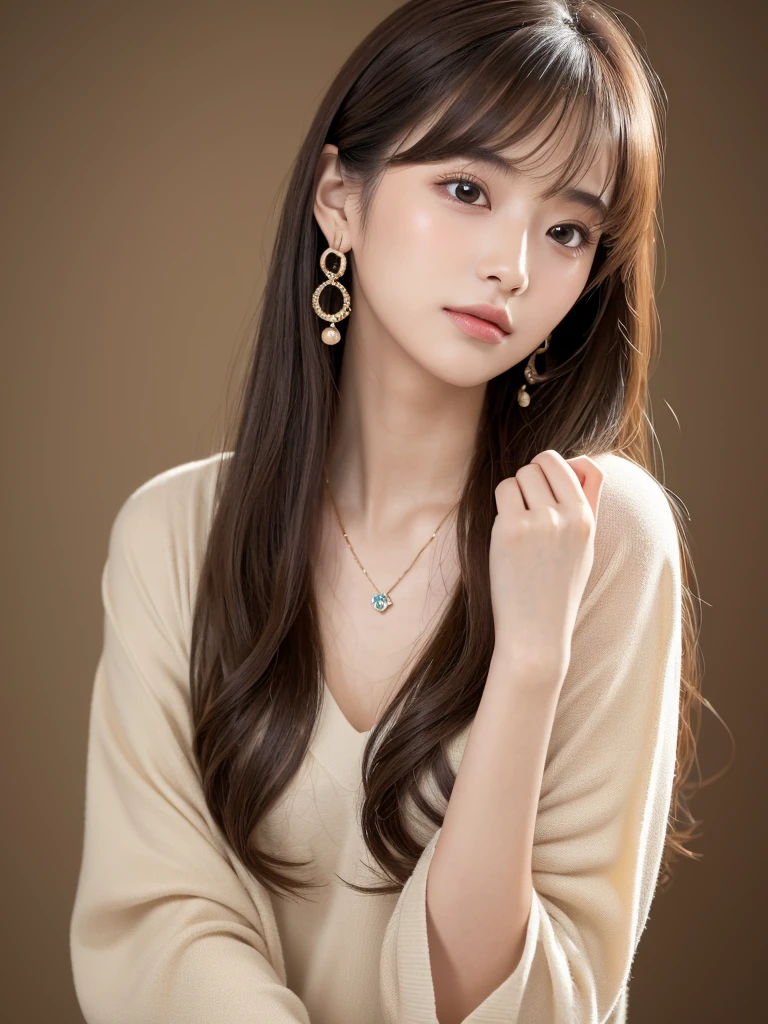 ((Highest quality, 8K, masterpiece:1.3)), concentrate: 1.2, Perfect body beauty: 1.4, Hips: 1.2, ((Long Hair, chest: 1.2)), (Dry clothes: 1.1) , (clear, Simple Background:1.3), Simple clothes: 1.1, Highly detailed face and skin texture,Delicate eyes, double eyelid, Whitened skin, Rough skin、Long Hair、Earrings with bangs、necklace、 solo、Beige coat、White shirt, (((Beautiful girl with cute Japan)))、 ((Beautiful Japanese girl 20 years old))、 ((Baby Face))、 (((Slender body)))、 Upper Body,Face focus、necklace,Simple Background,From above, Realistic Hair、 A photograph was taken:Canon EOS R6、135mm、1/1250 seconds、f2.8、ISO400、(Detailed explanation of the hand)、(Masseter muscle area)、(Exquisite CG)、Long Hair, loose and curly hair、Korean Hair、Long Hair明るいベージュ色、グラデーションハイライトグレージュのゆるふわLong Hairスタイル、