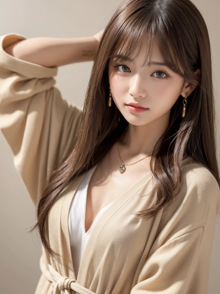 ((Highest quality, 8K, masterpiece:1.3)), concentrate: 1.2, Perfect body beauty: 1.4, Hips: 1.2, ((Long Hair, chest: 1.2)), (Dry clothes: 1.1) , (clear, Simple Background:1.3), Simple clothes: 1.1, Highly detailed face and skin texture,Delicate eyes, double eyelid, Whitened skin, Rough skin、Long Hair、Earrings with bangs、necklace、 solo、Beige coat、White shirt, (((Beautiful girl with cute Japan)))、 ((Beautiful Japanese girl 20 years old))、 ((Baby Face))、 (((Slender body)))、 Upper Body,Face focus、necklace,Simple Background,From above, Realistic Hair、 A photograph was taken:Canon EOS R6、135mm、1/1250 seconds、f2.8、ISO400、(Detailed explanation of the hand)、(Masseter muscle area)、(Exquisite CG)、Long Hair, loose and curly hair、Korean Hair、Long Hair明るいベージュ色、グラデーションハイライトグレージュのゆるふわLong Hairスタイル、