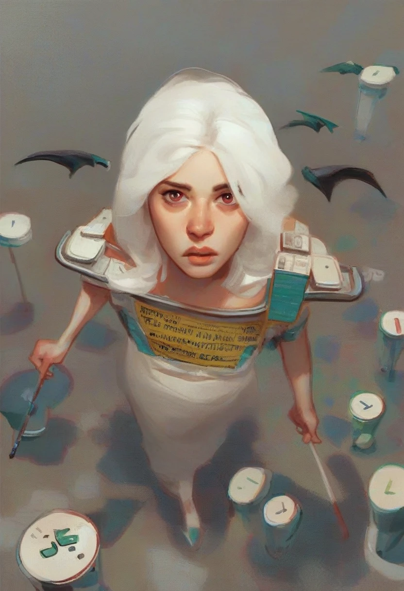 punctuation_9, punctuation_8_High above, punctuation_7_High above, punctuation_6_High above, punctuation_5_High above, punctuation_4_High above,1 girl, missilesduras, missiles, wings, standing alone, shoulder missilesduras, Eyes red, walking sticks, White hair, gazing at viewer, power missilesduras