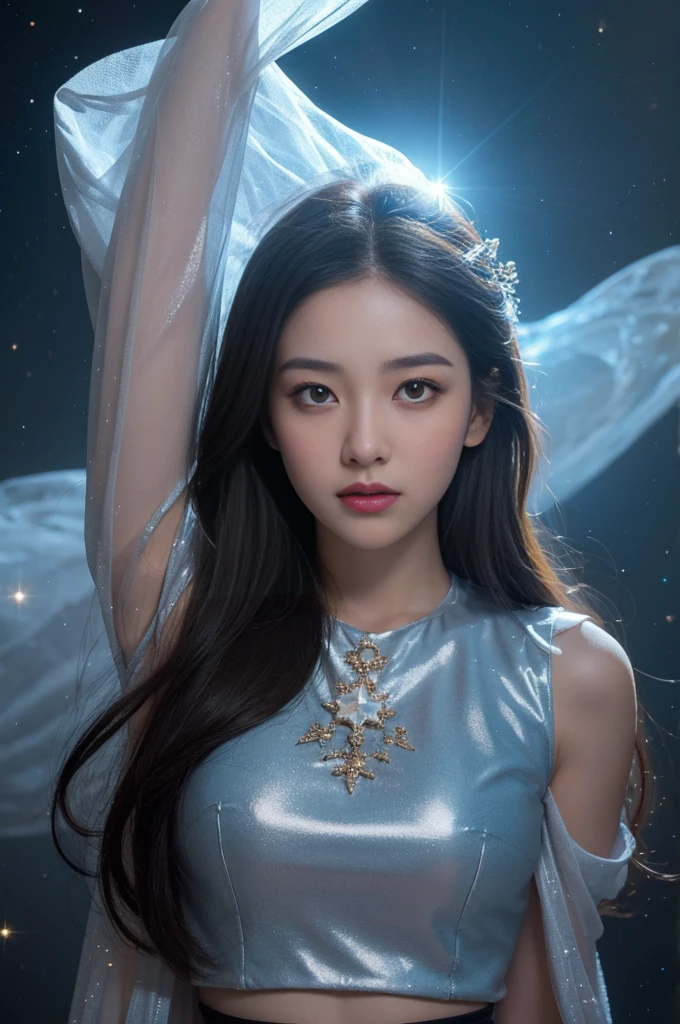 (best quality,4K,high resolution),beautiful girl,With charming eyes,Gorgeous galaxy observations,Shining Star,Soft cosmic colors,Ethereal atmosphere,Peaceful and tranquil,Celestial wonders,Wonderful Universe,Stellar Beauty,Romantic Stardust,Celestial Portraits,Cosmic perspective,Astonishing cosmic art,Galaxy Elegance,Charming,Goddess of Heaven,Space Magic,Cosmic girl admires the magnificent galaxy,Cosmic Dream World,Galaxy Reverie,Cosmic Masterpiece:1.2, Upper Body, Long skirt, permanent, floating