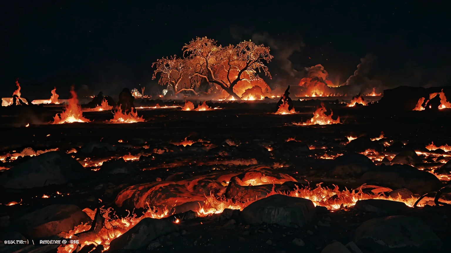 Create a hellscape seen from the perspective of a human. Flames rage and swirl, casting sinister red, orange, and black light. The ground is a burnt wasteland, with fissures releasing bursts of fire and lava. Souls in torment are scattered throughout the scene. In the distance, ruined structures and desolate, rocky terrain add to the sense of doom and despair.
