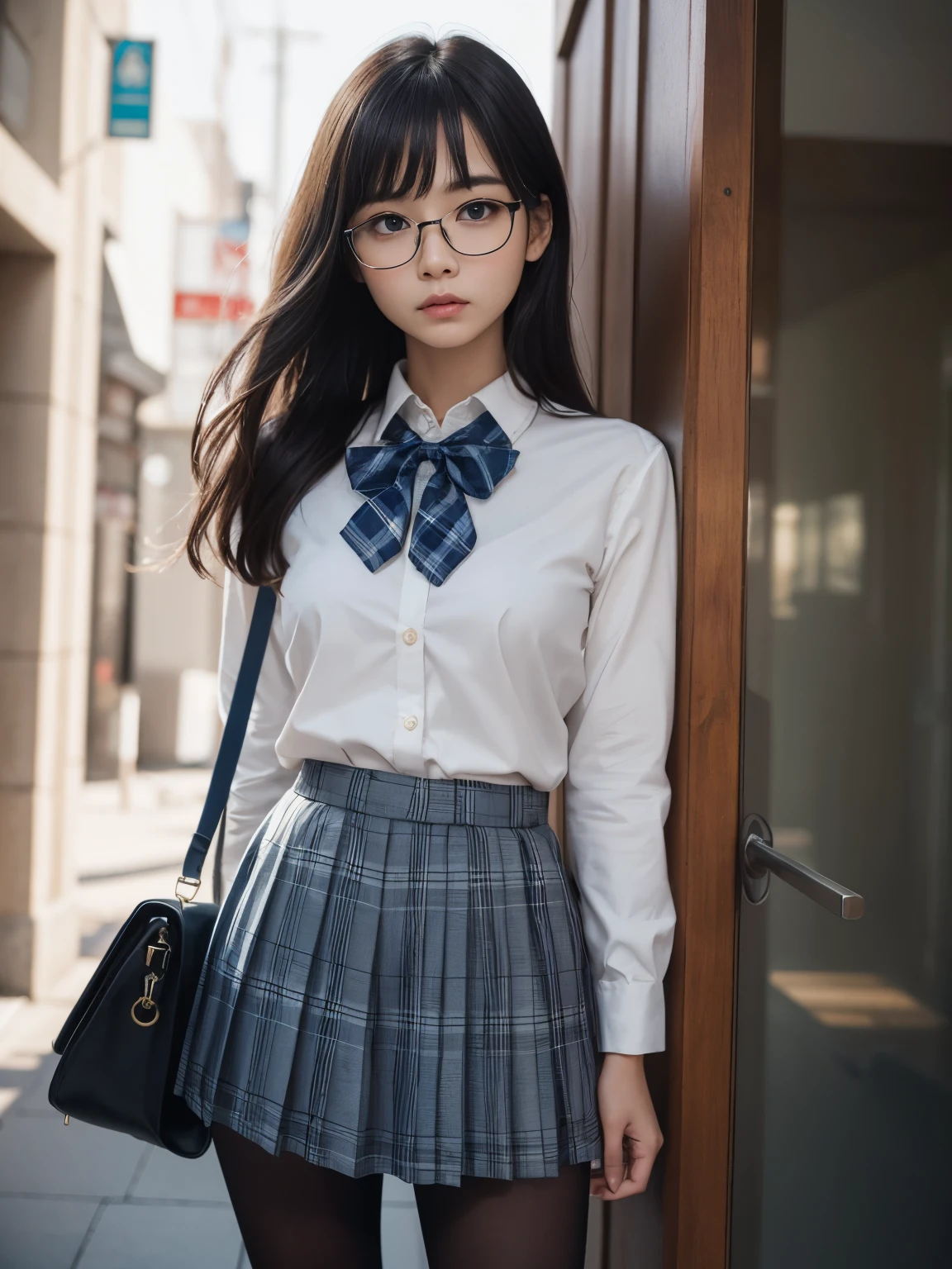 (half up),(Underwear is visible),(8K、Raw photography、top-quality、masterpiece:1.2),glamor,Chromo-white skin,cocky,School,watching at viewers,Looking at the front,Muchimuchi,Erotic,Pupils,white-skinned,kne,Student Bag((Black pantyhose)),absurderes,a small face,,flat breast,Forehead visible,Bangs hanging from the left and right sides of the forehead,(a cold expression,Tight eyes,glares,Bullish,skinny,Rasping,irate)、masterpiece,top-quality、超A high resolution,Raw photo,ren,Beautiful fece,one person, solo,eye glass,,Dark look,Small breasts,fullllbody,Round glasses,JK ,hi-school girl,A Japanese Lady,is standing,(Photorealsitic:1.37)、Photon mapping,Realistic、Beautie,Cute little face,Brown-eyed、Black socks、(Red bow tie)、Radio City、Physically Based Rendering、depth of fields、Blurry background、a picture,Body,beauty legs, Long legs, Thin leg,(Bangs are visible), hair, s lips, blue_The eye, nosesoft,(Light blue shirt), (Navy and blue and white plaid pleated skirt), Knees are visible,Sheer clothing,, Thigh, Black cotton socks,Nogizaka Idol, , Japanese ido