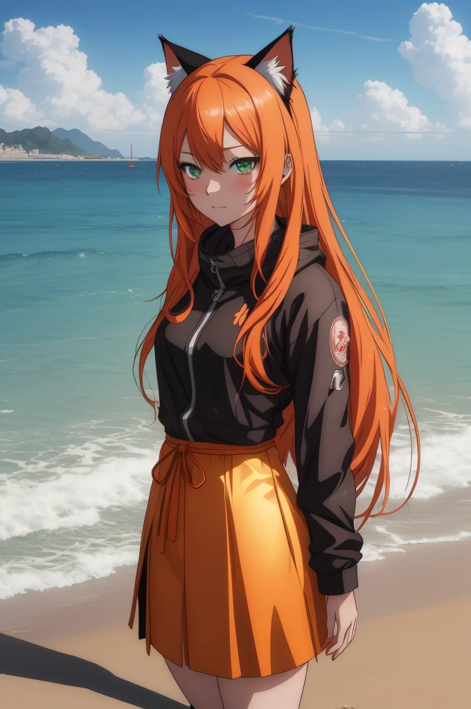 Anime girl with long orange hair, standing on the beach near the ocean, green eyes detailed digital anime art, cat ear, anime girl with long hair, гладкое аниме cg art, anime girl with long hair, digital anime art, work in Guweiz style, Beautiful anime portrait, Photorealistic render of an anime girl, Beautiful anime girl, advanced digital anime art, guweiz на artstation pixiv HD UHD HQ
