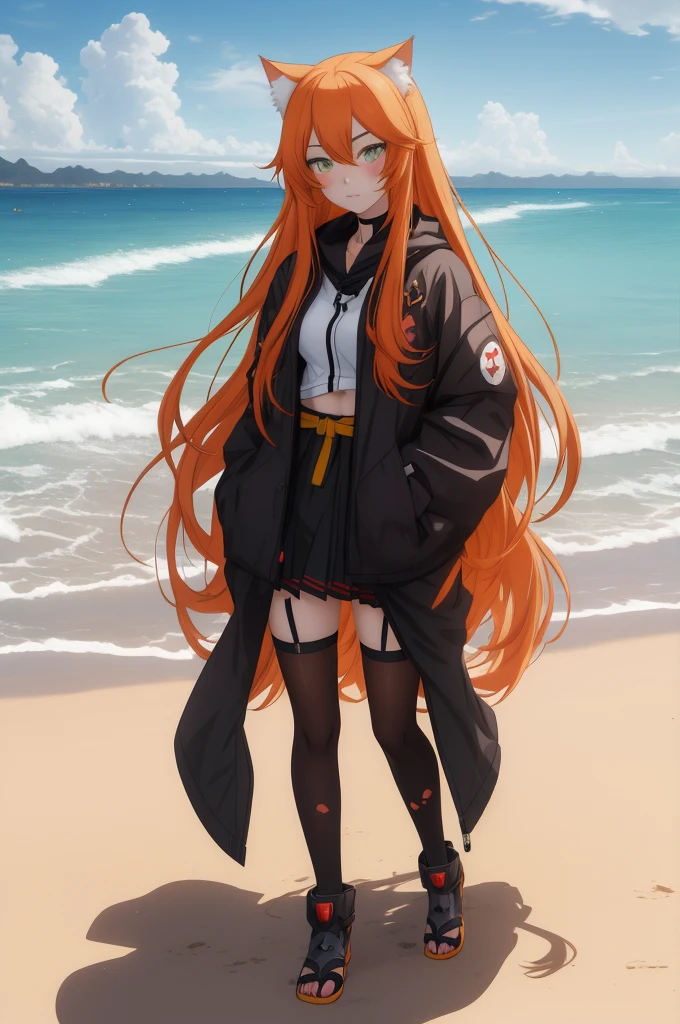 Anime girl with long orange hair, standing on the beach near the ocean, green eyes detailed digital anime art, cat ear, anime girl with long hair, гладкое аниме cg art, anime girl with long hair, digital anime art, work in Guweiz style, Beautiful anime portrait, Photorealistic render of an anime girl, Beautiful anime girl, advanced digital anime art, guweiz на artstation pixiv HD UHD HQ