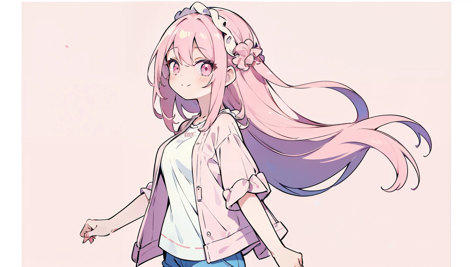 masterpiece, beautiful detailed, (casual clothes), 1girl, pink Eyes, pink hair, long hair, layered hair, smile, taking a walk, medium breasts, hair scrunchie, pastel color, ((no background:1.4)), (((bold outline))), limited palette