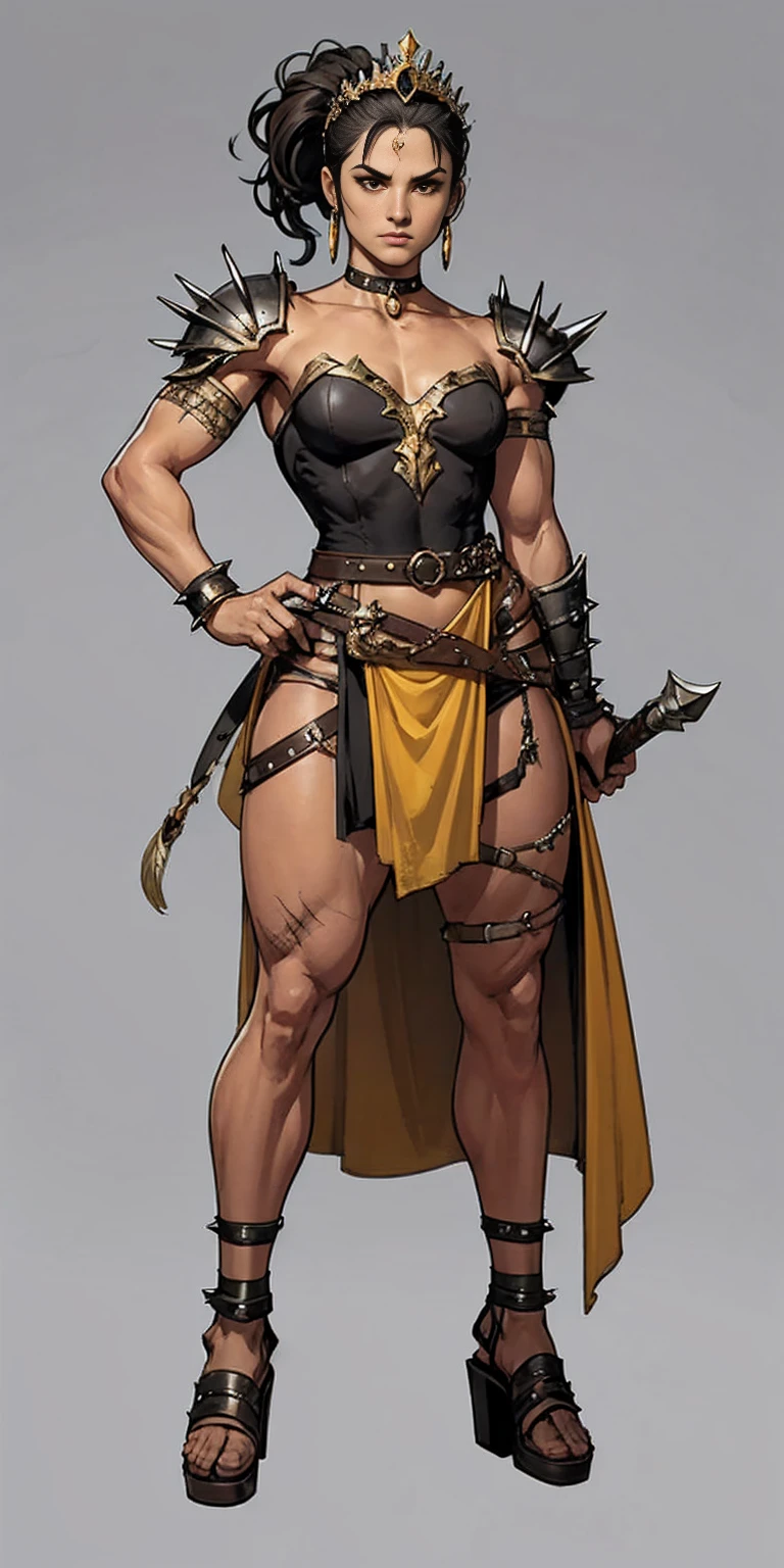 Subject: 1 Solo Female Gladiator Pose: Full body, whole body Standing tall, hands on hips (conveying confidence) Feet together, conveying a strong stance View from slightly below, emphasizing her power Clothing and Armor: Loincloth (detailed and well-crafted, showcasing her warrior status) Metal sandals, sturdy and battle-worn Leather choker, adorned with a gladiator emblem or small spikes (optional) Big belt, holding additional weapons or pouches (optional) Bracers on forearms, for protection Jewelry: Tiara (can be simple and battle-ready, or adorned with feathers or gladiator symbols) Additional Details: Strong, defined muscles Determined expression on her face Optional: scars or other battle marks that tell a story of her victories