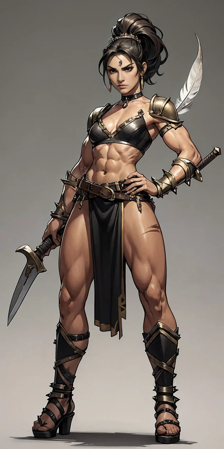 Subject: 1 Solo Female Gladiator Pose: Full body, whole body Standing tall, hands on hips (conveying confidence) Feet together, conveying a strong stance View from slightly below, emphasizing her power Clothing and Armor: Loincloth (detailed and well-crafted, showcasing her warrior status) Metal sandals, sturdy and battle-worn Leather choker, adorned with a gladiator emblem or small spikes (optional) Big belt, holding additional weapons or pouches (optional) Bracers on forearms, for protection Jewelry: Tiara (can be simple and battle-ready, or adorned with feathers or gladiator symbols) Additional Details: Strong, defined muscles Determined expression on her face Optional: scars or other battle marks that tell a story of her victories