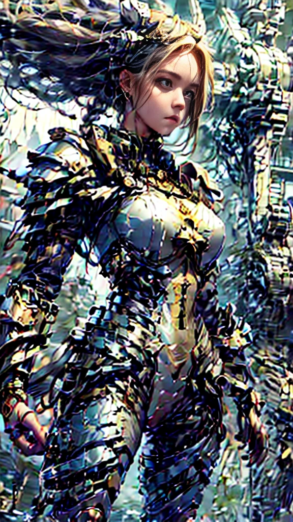 ((best quality)), ((masterpiece)), (detailed), 1 girl, Girl,Long blond hair,Green Eyes,Wearing grey steampunk armor,Holding a long sword,Background is the ruins of the city。