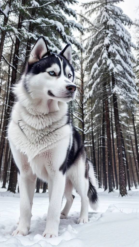 Siberian Husky in a snowy forest landscape.