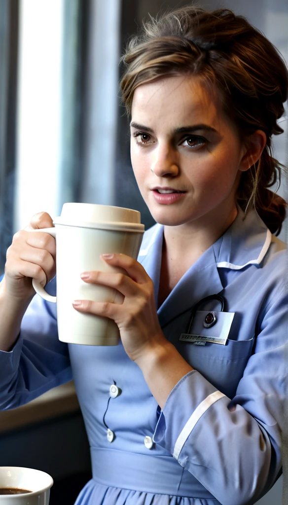 photorealistic woman, age 35, european,  brown dirty wavy hair, emma watson, german nurse dress, holding steamy Coffee cup,raw photo cinematic material, masterpiece, wideview, high detailed,high quality 