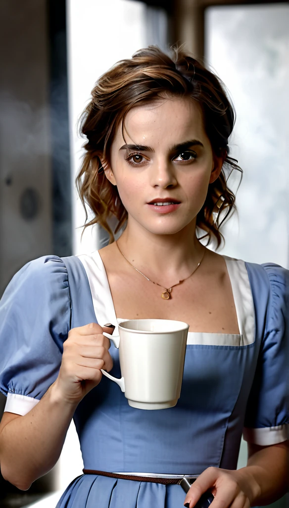 photorealistic woman, age 35, european,  brown dirty wavy hair, emma watson, german nurse dress, holding steamy Coffee cup,raw photo cinematic material, masterpiece, wideview, high detailed,high quality 
