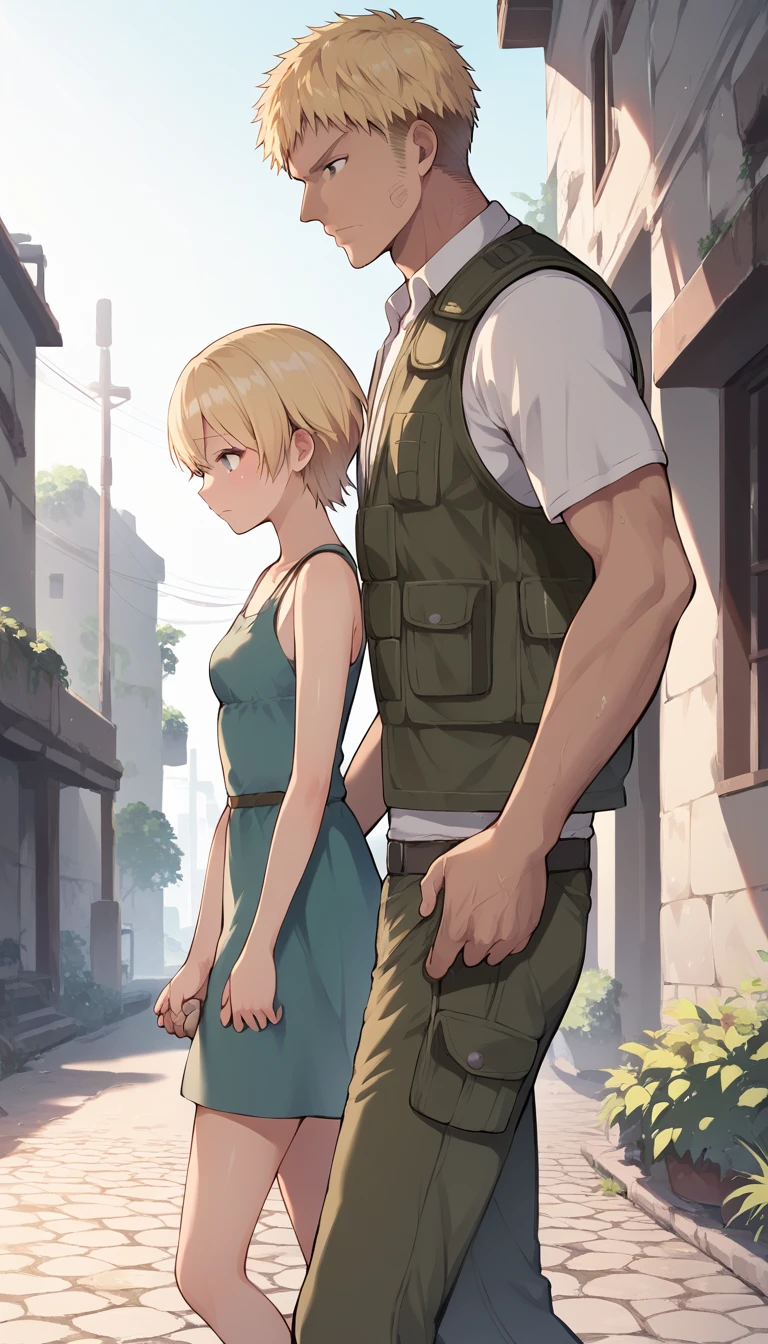 score_9, score_8_up, score_7_up, source_anime BREAK 
1girl, yo, _young, from side, small breasts, (girl dirty casual dress), holding hand in another's hand, blonde short hair, grey eyes, sad face, town ruins, outdoors, walking, ((size difference:1.5)), male face out of frame, (male cargo vest, pants)