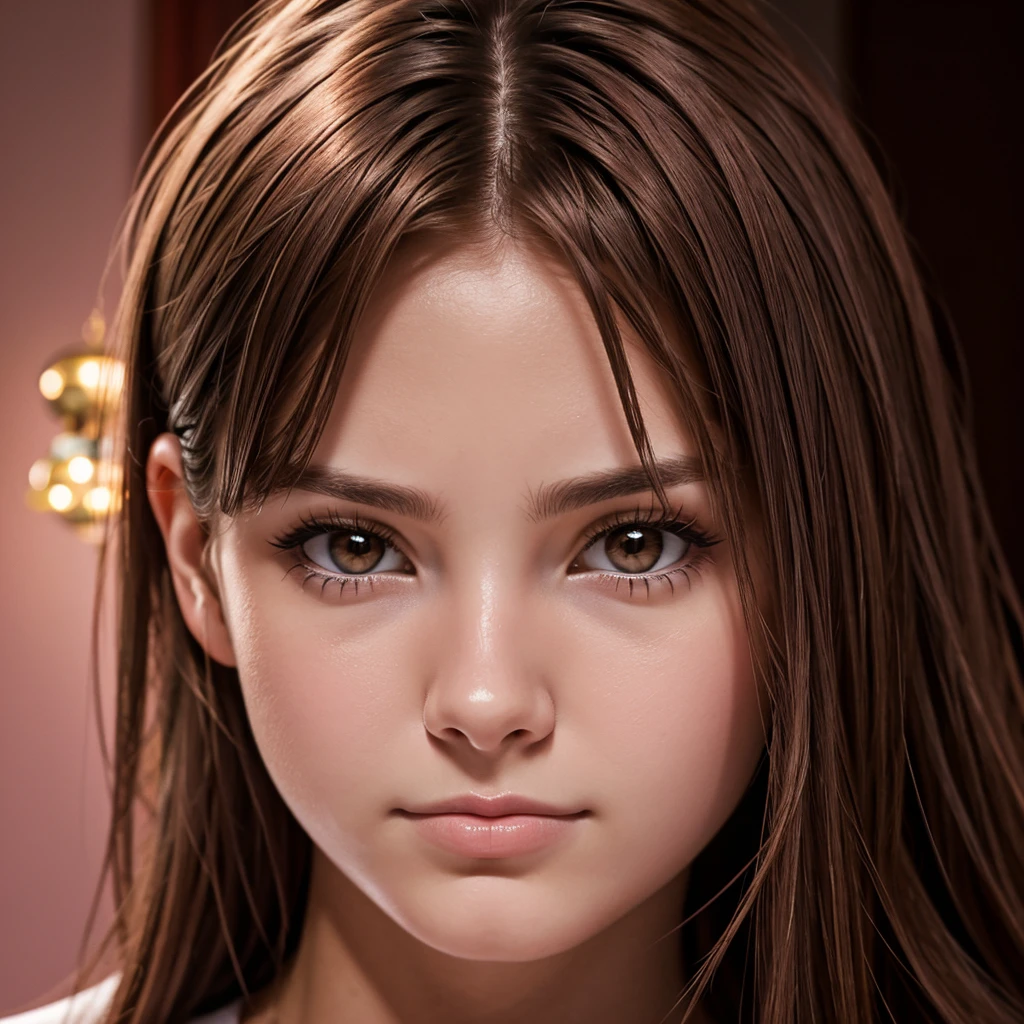 A young woman, 23 years old, with pink eyes and light brown hair, serious expression, portrait