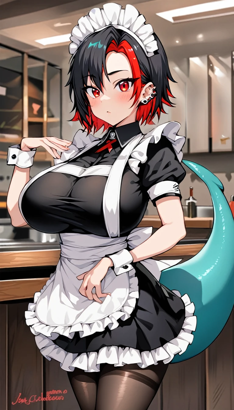 solo,1girl(big breast)(masterpiece, best quality:1.2),Ellen Jo,Zenless Zone Zero,alternate costume ,maid, shark tail, (shark girl:0.5), short hair,black hair,red eyes, tail, pantyhose,multicolored hair, black footwear, short sleeves, apron, wrist cuffs, maidheaddress, stockings, nyantchaellen joe, black hair, red hair,colored inner hair, multicolored hair, (red eyes:1.3), red hair, short hair, two-tone hair,apron, black pantyhose, black shirt, ear piercing,
