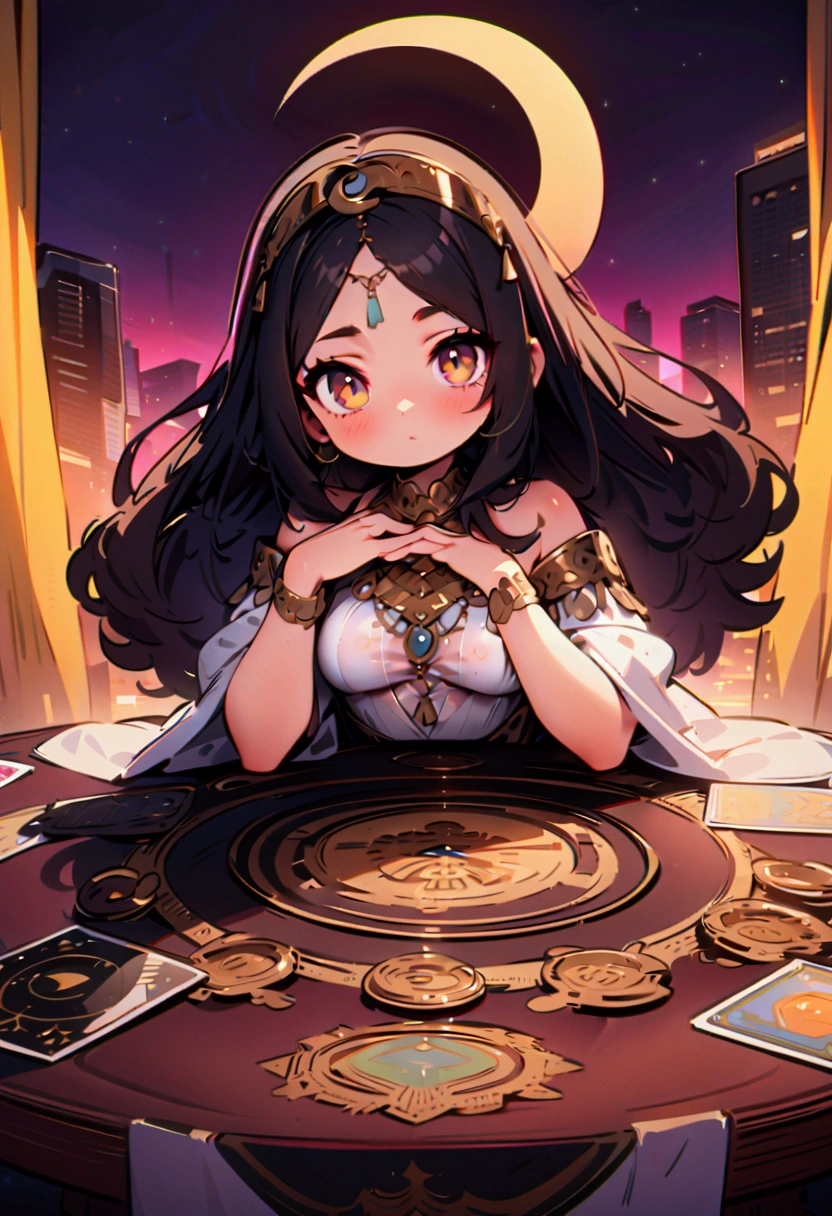 best quality, masterpiece, 8K, HD, persian woman, wavy dark hair, sitting behind a round table, luxurious astrology print tablecloth, tarot cards on the table, metropolitan city in the background, crescent moon in the sky, sheer curtains behind her, front view, vibrant colors, highly detailed