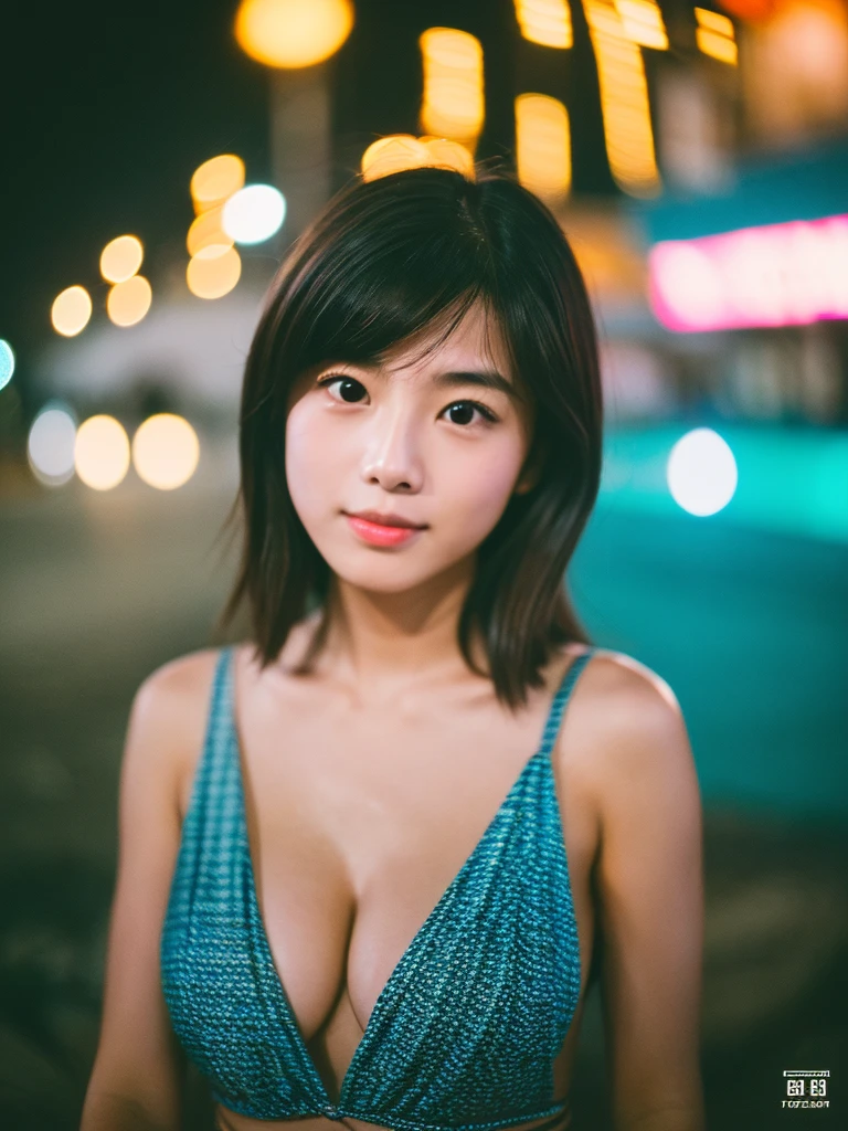 A very cute face like an idol、One 20-year-old woman with a youthful appearance、((leica 50 mm prime lens, Cine Steel 800T film, art color photography))、(Cleavage)、(((Beautiful beach at night)))、RAW Photos、Genuine、live-action、(Artistic Expression)、High resolution、masterpiece