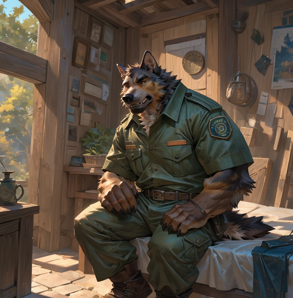 By Taran Fiddler, one man, alone, anthro canine (irish wolfhound), hound dog breed, brown fur, dilf, wrinkly face, bushy eyebrows, wearing park ranger uniform, stern facial expression, looking away from viewer, snarling, sitting on bed, inside a national park watchtower