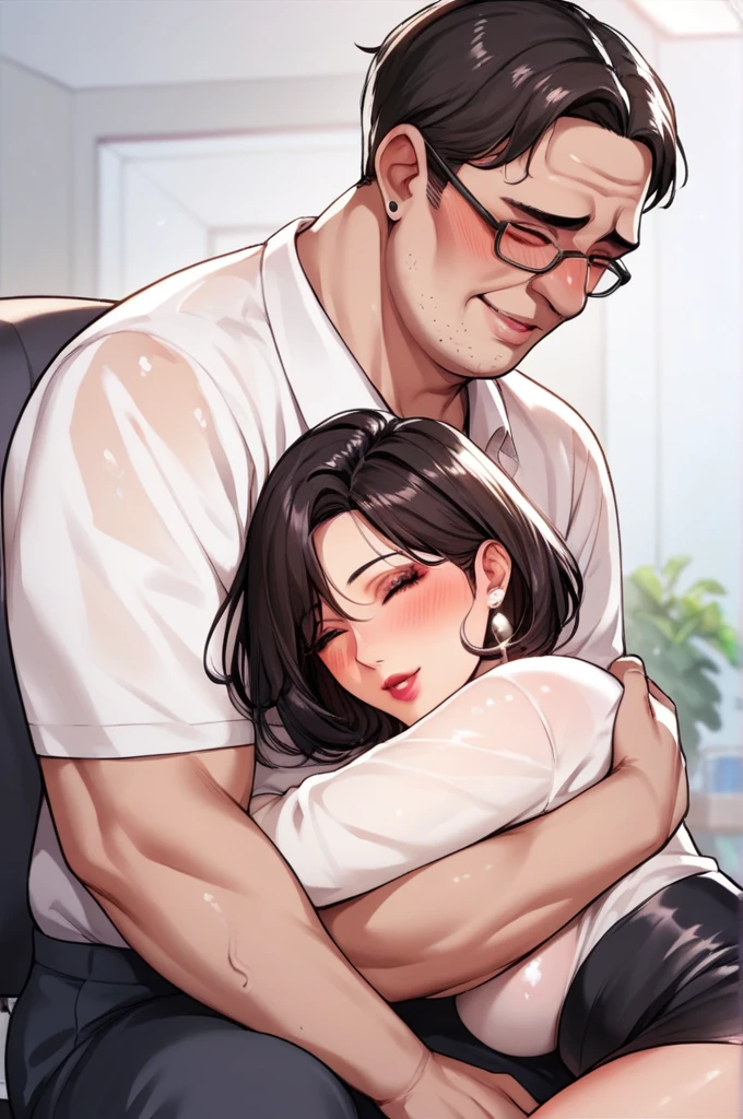 Hot sexy beautiful cute milf hugging with ugly fat old man in office cabin ,brown see through t shirt,black pencil skirt, silver chandelier earrings,big breasts, lipstick,makeup, black,two falling hair strands,blush,short hair , glasses