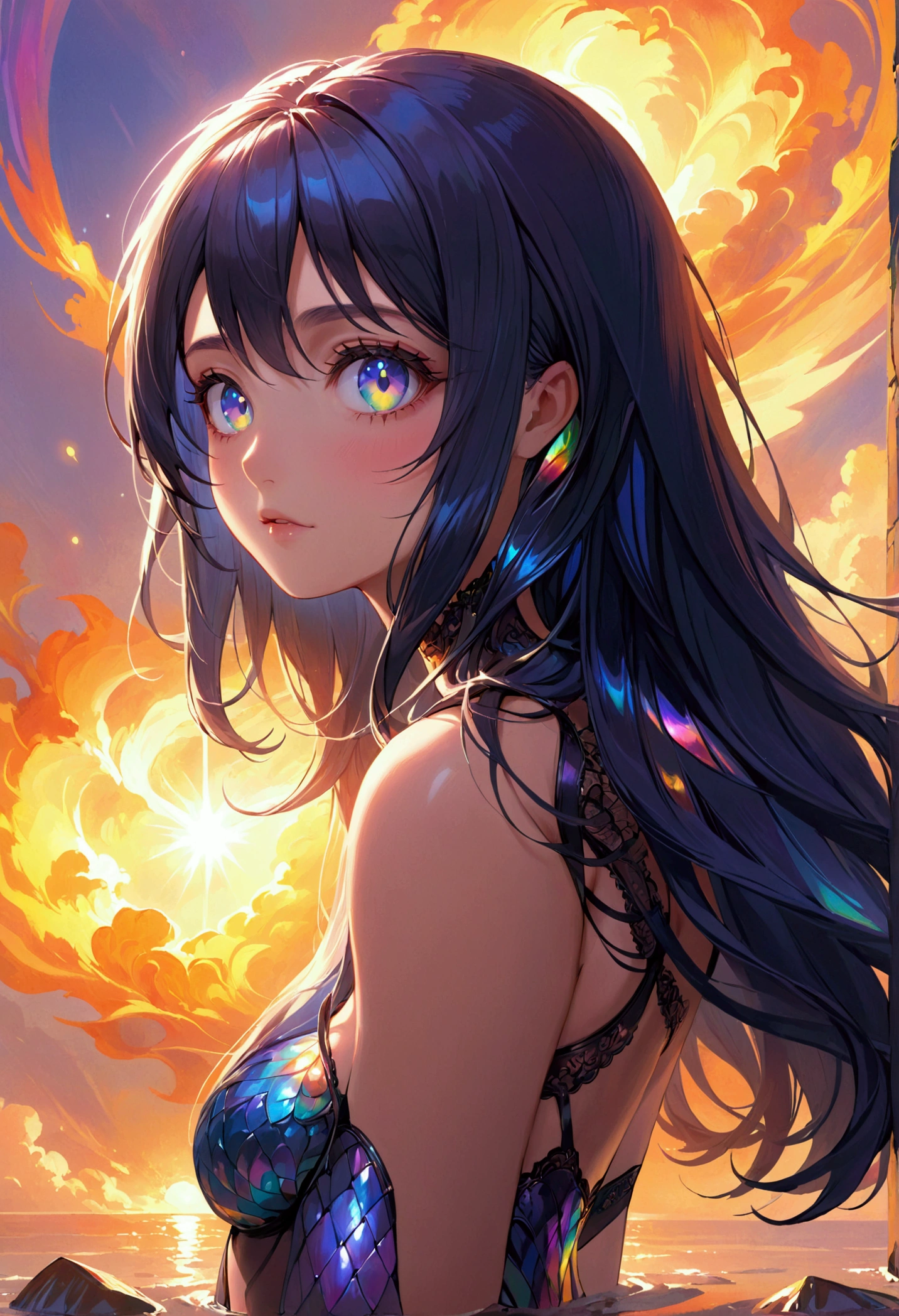 (masterpiece), best quality, expressive eyes, perfect face, Girl,long dark iridescent hair, iridescent eyes, small waist, medium chest, large thighs,body stockings