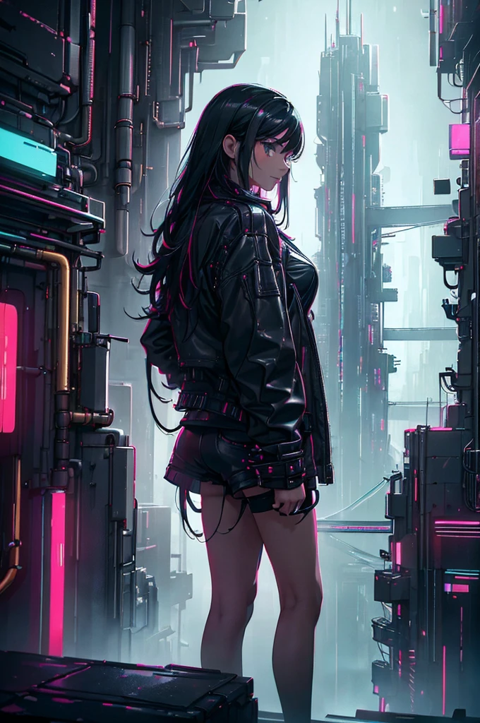 (masterpiece, best quality), 8K, 1girl, black long hair, expressive eyes, wearing leather jacket and leather shorts, rainy day, hazy sky, neon city lights, Cyberpunk City, Depiction of a girl standing on a cyberpunk city skyscraper hesitantly looking down on the cityscape, Cyberpunk Fashion