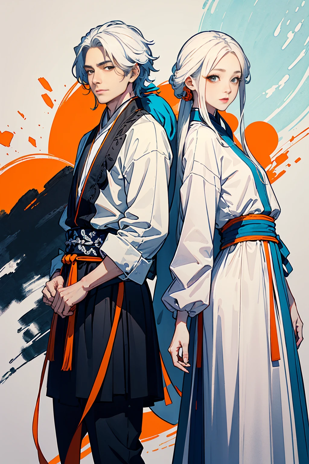 high quality , one white hair girl and one white hair boy, long hair, wuxia character, ((white clothes with blue and orange accent)), ink painting background, flat background, minimalist background, wind pattern background, smiling, standing back to back
