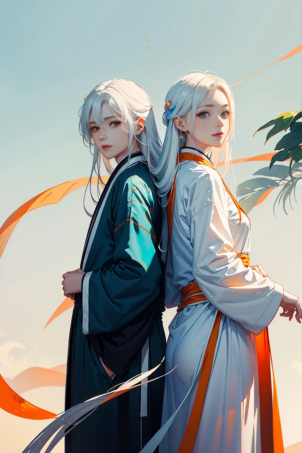 high quality , one white hair girl and one white hair boy, long hair, wuxia character, ((white clothes with blue and orange accent)), ink painting background, flat background, minimalist background, wind pattern background, smiling, standing back to back