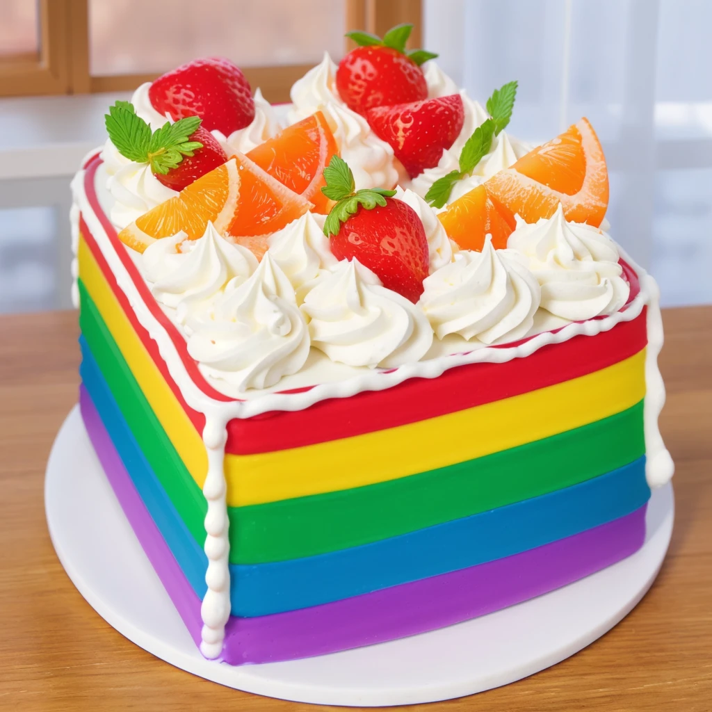 on a wooden table, on a porcelain plate, a tiny cream rainbow cake, with cream lines drawn on its edges, white cream swirls, tiny strawberries, oranges and watermelon slices made of polymer clay on the cake, window light, bright lights, soft light, window light, professional lighting, light from the window, neat light, realistic texture, realistic style, detailed texture, high quality, high resolution, high quality rendering, realistic photo, brightning light, macro photo