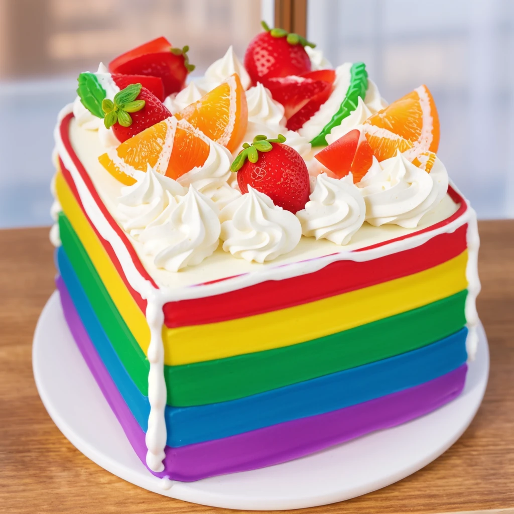 on a wooden table, on a porcelain plate, a tiny cream rainbow cake, with cream lines drawn on its edges, white cream swirls, tiny strawberries, oranges and watermelon slices made of polymer clay on the cake, window light, bright lights, soft light, window light, professional lighting, light from the window, neat light, realistic texture, realistic style, detailed texture, high quality, high resolution, high quality rendering, realistic photo, brightning light, macro photo