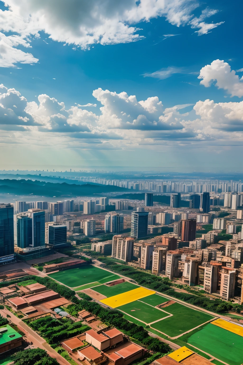 Bangalore City to green building and land and colourfull clouds