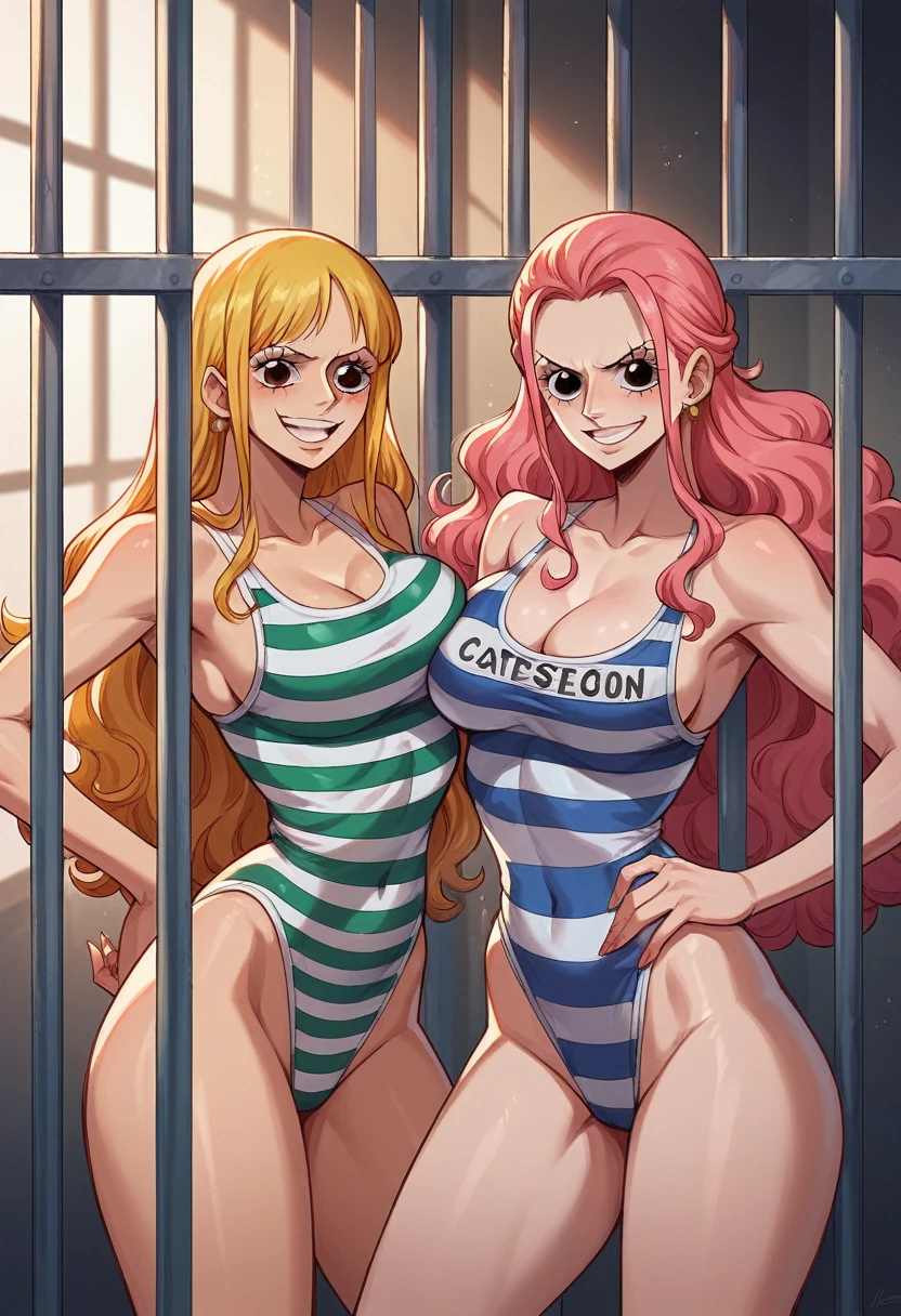 ((Two sexy girls ,Improve))Browsing Caution,glamorous, Sensual, prison ,evil smiling,((striped one piece swimsuit))