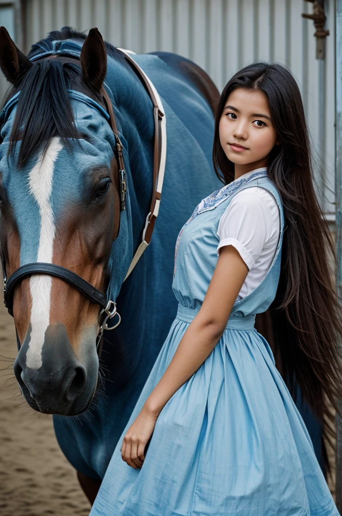 A girl with the horse painted light blue