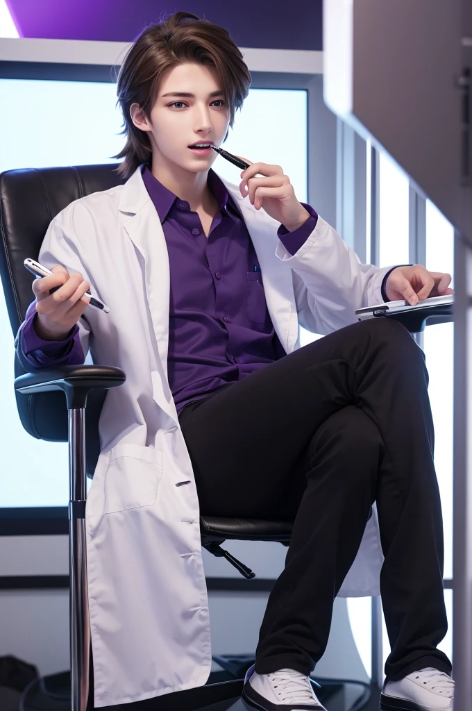 Refreshing young man
Beautiful young man
20 years old
slender
Brown hair
Purple eyes
Cyber Laboratory
Dark near-future lab
White lab coat
Chewing a pen
Biting a ballpoint pen with teeth
Thinking
Turn your body to the right
right side
Sit down
Plush black chair
hair down in front of head