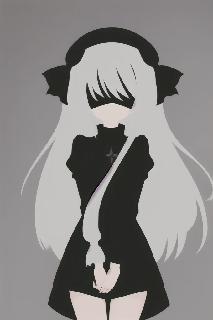 Anime Minimalist, One girl, alone, yorha no. 2 Type B, Black blindfold, Black Dress, Black hair band, Gray Hair,